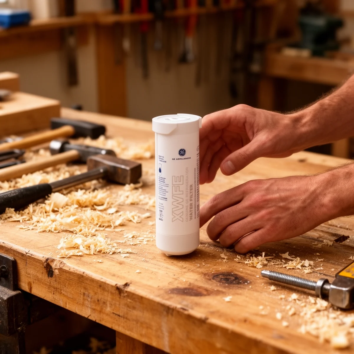 GE XWFE Refrigerator Water Filter in use