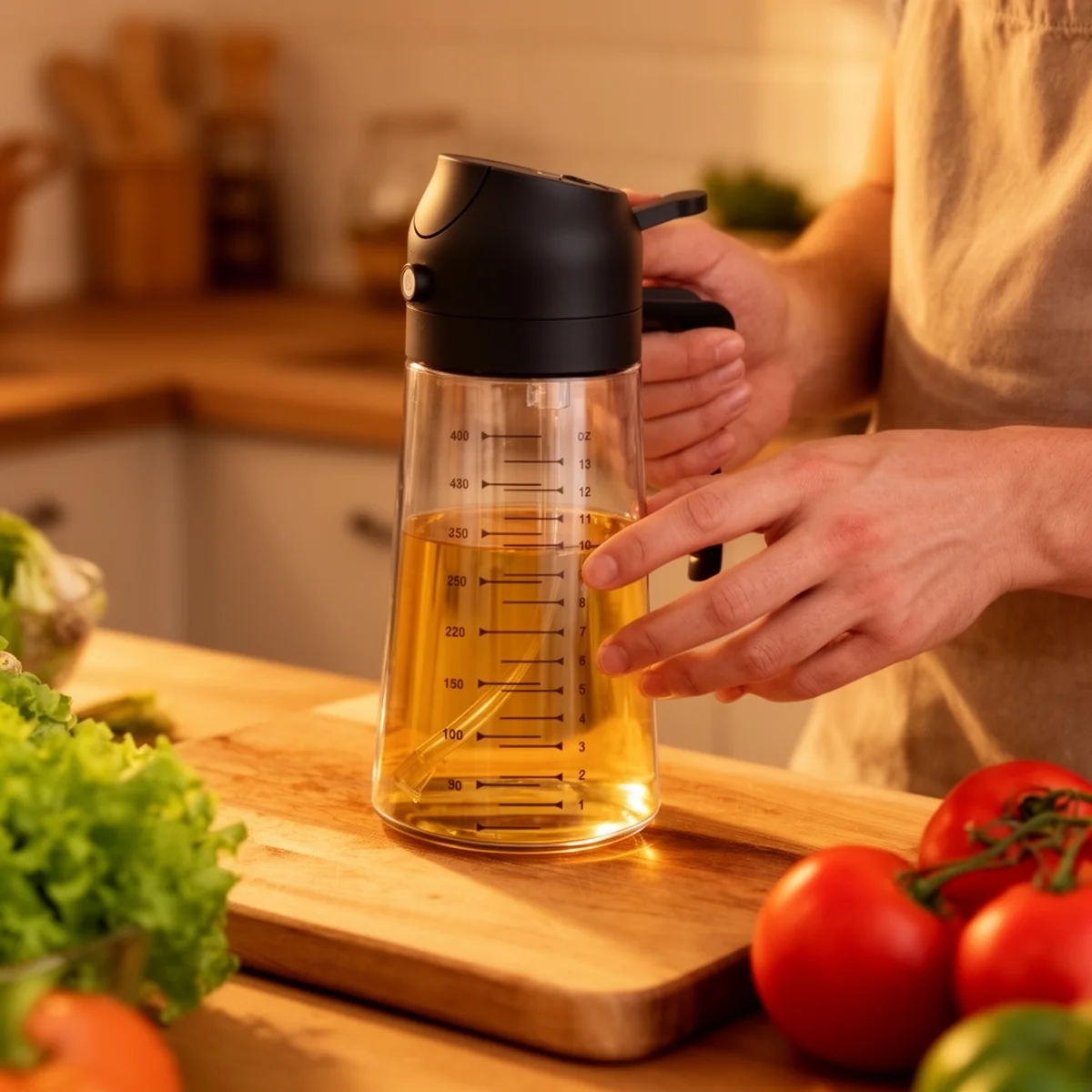 TrendPlain 16oz Glass Olive Oil Sprayer in use